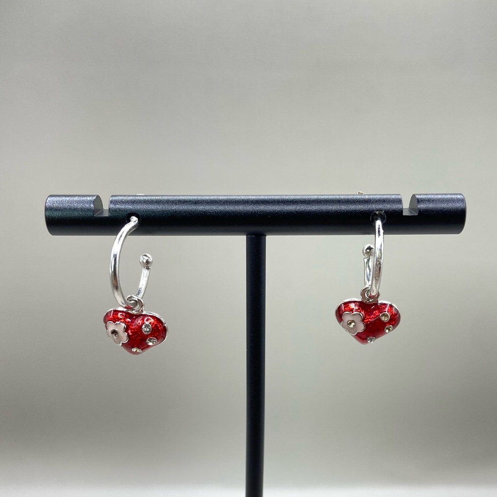 ATI Sterling Silver Red Enamel Heart Huggie Hoop Earrings